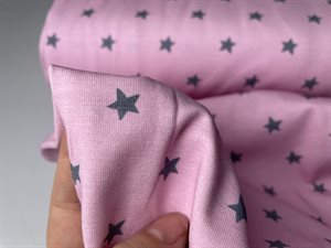 Bomuldsjersey - grå stjerner på lyserød bund